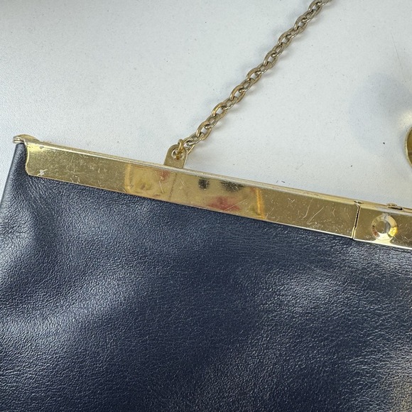 1960s minimalist glam navy leather clutch Etra gold frame evening bag - Picture 11 of 16